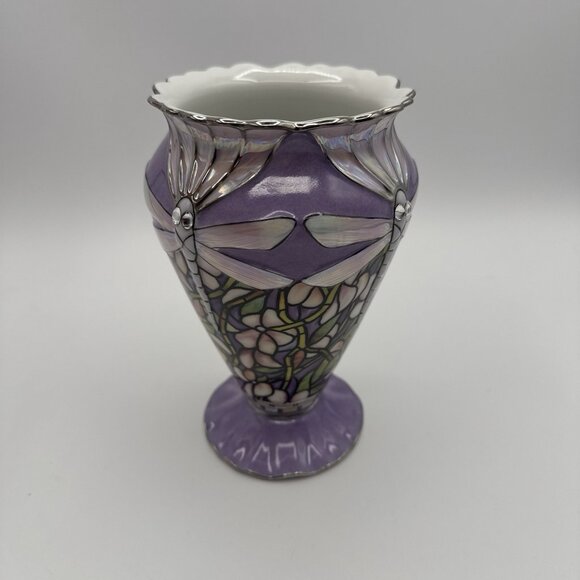 VTG Louis Tiffany Bradford Exchange Glittering Dragonflies Porcelain Vase Purple - Picture 2 of 9